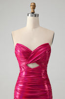 Laden Sie das Bild in den Galerie-Viewer, Fuchsia trägerloses Schlüsselloch Plissee Bodycon Abiballkleid