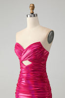 Laden Sie das Bild in den Galerie-Viewer, Fuchsia trägerloses Schlüsselloch Plissee Bodycon Abiballkleid