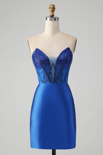 Glitzerndes königsblaues, enges, trägerloses, kurzes Homecoming-Kleid mit Perlenstickerei