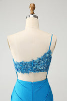 Laden Sie das Bild in den Galerie-Viewer, Blaues figurbetontes Eine Schulter Abiballkleid aus Satin mit Pailletten