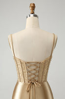 Laden Sie das Bild in den Galerie-Viewer, Goldene Spaghettiträger Bodycon Korsett Satin Abiballkleid mit Schlitz