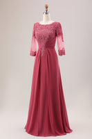 Laden Sie das Bild in den Galerie-Viewer, Terrakotta A-Linie Chiffon Brautmutterkleid mit Rundhalsausschnitt und Applikationen