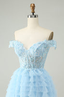 Laden Sie das Bild in den Galerie-Viewer, Hellblaues A-Linie Korsett Schulterfreies Kurzes Abiballkleid