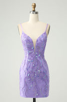 Laden Sie das Bild in den Galerie-Viewer, Glitzerndes lila Spaghettiträger Enges kurzes Abiballkleid mit Pailletten