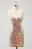 Laden Sie das Bild in den Galerie-Viewer, Glitzernde Spaghettiträger Enges kurzes Blush Abiballkleid mit Schnürung
