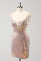 Laden Sie das Bild in den Galerie-Viewer, Glitzernde Spaghettiträger Enges kurzes Blush Abiballkleid mit Schnürung