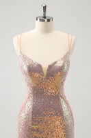 Laden Sie das Bild in den Galerie-Viewer, Glitzernde Spaghettiträger Enges kurzes Blush Abiballkleid mit Schnürung