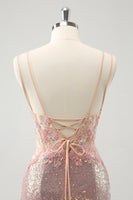 Laden Sie das Bild in den Galerie-Viewer, Glitzernde Spaghettiträger Enges kurzes Blush Abiballkleid mit Schnürung