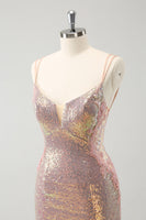 Laden Sie das Bild in den Galerie-Viewer, Glitzernde Spaghettiträger Enges kurzes Blush Abiballkleid mit Schnürung