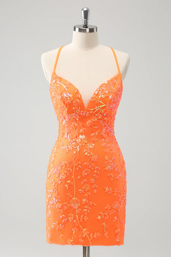 Glitzerndes orange kurzes Pailletten Abiballkleid mit Schnürung