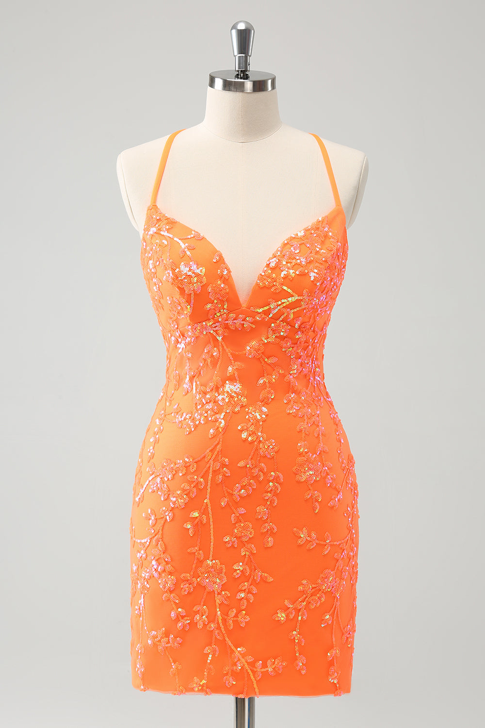 Glitzerndes orange kurzes Pailletten Abiballkleid mit Schnürung