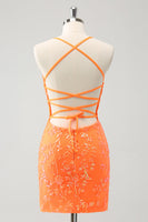 Laden Sie das Bild in den Galerie-Viewer, Glitzerndes orange kurzes Pailletten Abiballkleid mit Schnürung