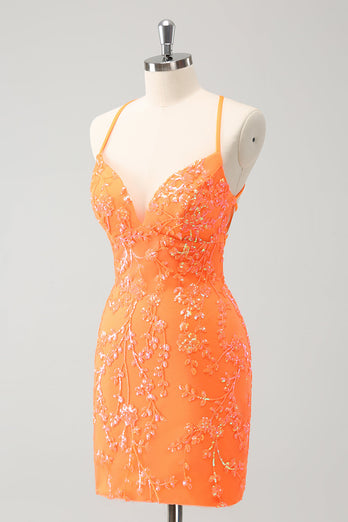 Glitzerndes orange kurzes Pailletten Abiballkleid mit Schnürung