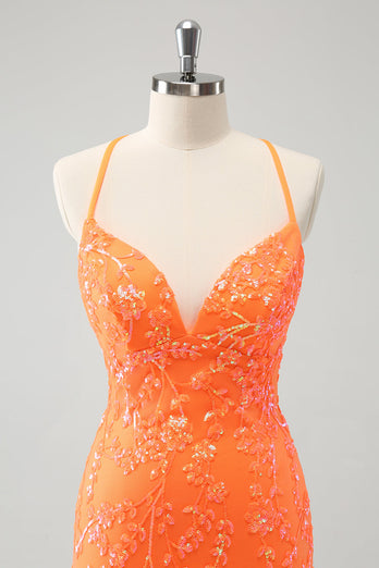 Glitzerndes orange kurzes Pailletten Abiballkleid mit Schnürung