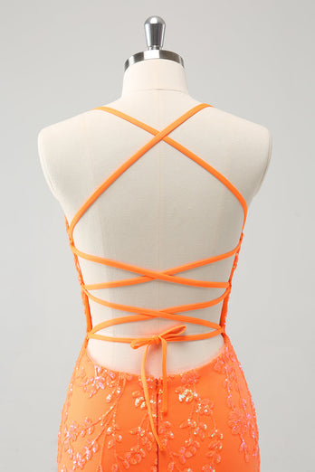 Glitzerndes orange kurzes Pailletten Abiballkleid mit Schnürung