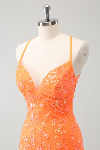 Glitzerndes orange kurzes Pailletten Abiballkleid mit Schnürung