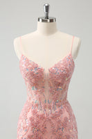 Laden Sie das Bild in den Galerie-Viewer, Glitzer Blush Spaghettiträger Enges kurzes Cocktailkleid mit Perlenstickerei