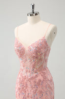 Laden Sie das Bild in den Galerie-Viewer, Glitzer Blush Spaghettiträger Enges kurzes Cocktailkleid mit Perlenstickerei