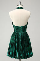 Laden Sie das Bild in den Galerie-Viewer, Glitzerndes dunkelgrünes Neckholder A-Linie Kleid mit Falten in Metallic-Glitzer