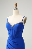 Laden Sie das Bild in den Galerie-Viewer, Glitzerndes königsblaues enges Korsett Spaghettiträger Abiballkleid