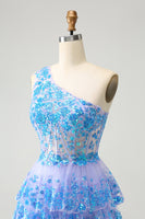 Laden Sie das Bild in den Galerie-Viewer, Glitzerndes hellblaues A-Linie Cocktailkleid mit gestuften Pailletten