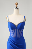 Laden Sie das Bild in den Galerie-Viewer, Glitzerndes königsblaues Meerjungfrauen Korsett Perlen Langes Ballkleid mit Schlitz