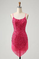 Laden Sie das Bild in den Galerie-Viewer, Fuchsia Pailletten Spaghettiträger Kurzes Abiballkleid mit Quasten