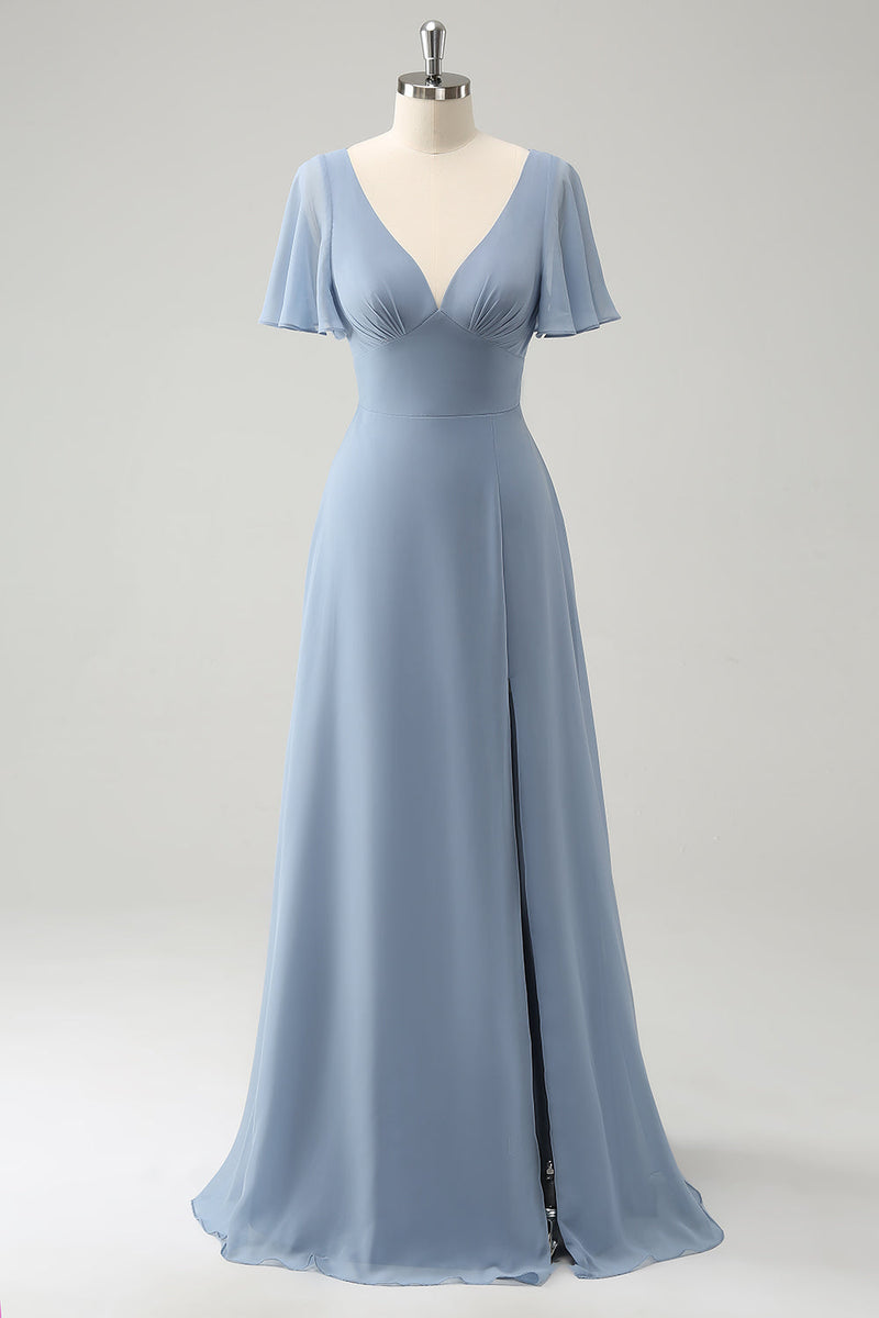 Laden Sie das Bild in den Galerie-Viewer, Graublaues langes Brautjungfernkleid aus Chiffon mit V-Ausschnitt und hohlem Rücken