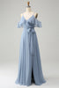 Laden Sie das Bild in den Galerie-Viewer, Grau Blau Spaghettiträger V-Ausschnitt Chiffon Brautjungfernkleid mit Schlitz