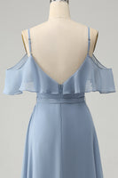 Laden Sie das Bild in den Galerie-Viewer, Grau Blau Spaghettiträger V-Ausschnitt Chiffon Brautjungfernkleid mit Schlitz