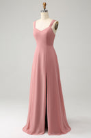 Laden Sie das Bild in den Galerie-Viewer, Ziegelrotes A-Linie Spaghettiträger langes Brautjungfernkleid mit Schlitz