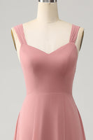 Laden Sie das Bild in den Galerie-Viewer, Ziegelrotes A-Linie Spaghettiträger langes Brautjungfernkleid mit Schlitz