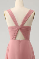 Laden Sie das Bild in den Galerie-Viewer, Ziegelrotes A-Linie Spaghettiträger langes Brautjungfernkleid mit Schlitz