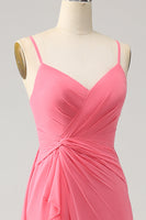 Laden Sie das Bild in den Galerie-Viewer, Koralle A-Linie V-Ausschnitt Spaghettiträger Chiffon Langes Brautjungfernkleid mit Schlitz