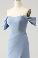 Laden Sie das Bild in den Galerie-Viewer, Graublaues Mermaid Schulterfreies Chiffon Langes Brautjungfernkleid mit Schlitz