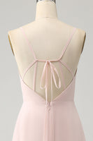 Laden Sie das Bild in den Galerie-Viewer, Rosa A-Linie V-Ausschnitt Chiffon Langes Brautjungfernkleid mit Schlitz