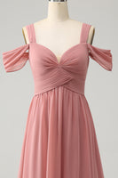 Laden Sie das Bild in den Galerie-Viewer, Chiffon Rot A Linie Spaghettiträger Plissee Brautjungfernkleid mit Schlitz