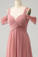 Laden Sie das Bild in den Galerie-Viewer, Chiffon Rot A Linie Spaghettiträger Plissee Brautjungfernkleid mit Schlitz