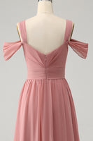 Laden Sie das Bild in den Galerie-Viewer, Chiffon Rot A Linie Spaghettiträger Plissee Brautjungfernkleid mit Schlitz