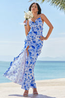 Laden Sie das Bild in den Galerie-Viewer, Blaues geblümtes Chiffon Brautjungfernkleid mit Rüschen