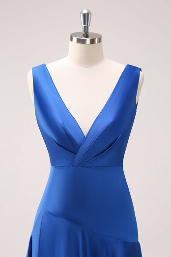 Tintenblaues Satin V-Ausschnitt Brautjungfernkleid mit Schlitz