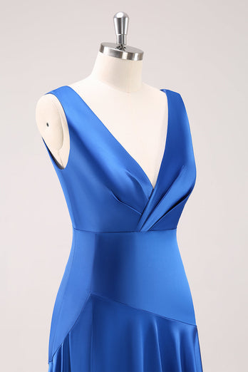 Tintenblaues Satin V-Ausschnitt Brautjungfernkleid mit Schlitz