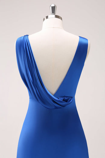 Tintenblaues Satin V-Ausschnitt Brautjungfernkleid mit Schlitz