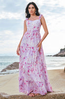 Laden Sie das Bild in den Galerie-Viewer, Grau Lila geblümte Spaghettiträger A-Linie Brautjungfernkleid