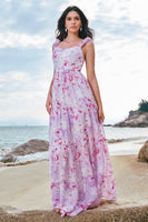 Laden Sie das Bild in den Galerie-Viewer, Grau Lila geblümte Spaghettiträger A-Linie Brautjungfernkleid