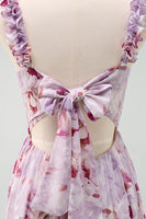 Laden Sie das Bild in den Galerie-Viewer, A-Linie Grau Lila Spaghettiträger Geblümtes langes Brautjungfernkleid