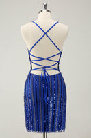 Laden Sie das Bild in den Galerie-Viewer, Glitzerndes Königsblaues enges Pailletten Spaghettiträger Abiballkleid