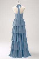 Laden Sie das Bild in den Galerie-Viewer, Blaues gestuftes Chiffon Brautjungfernkleid mit Blume