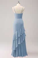 Laden Sie das Bild in den Galerie-Viewer, Rosa Spaghettiträger Meerjungfrau Brautjungfernkleid mit Rüschen