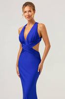 Laden Sie das Bild in den Galerie-Viewer, Königsblaues Meerjungfrauen V-Ausschnitt kleid mit Rüschen